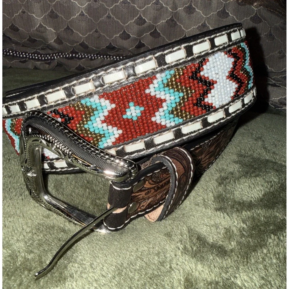 New Ariat Aztec‎ Bead Leather Belt Basketweave Belt A1040402 Mens Sz 42 Cowboy